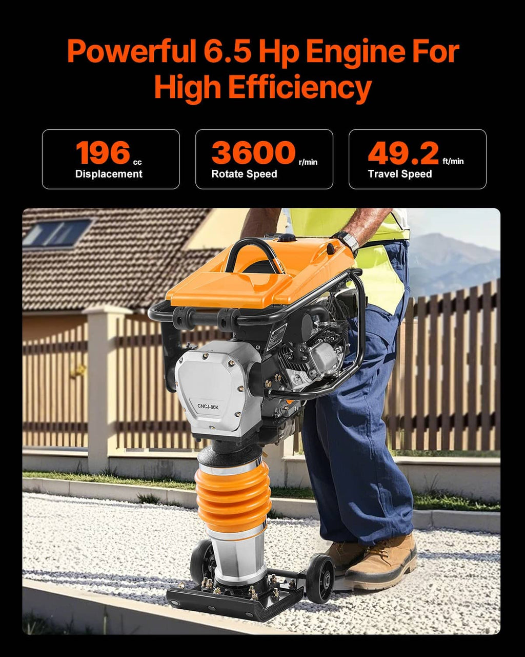 Orange and black vibratory rammer tamper with gasoline engine and spring base