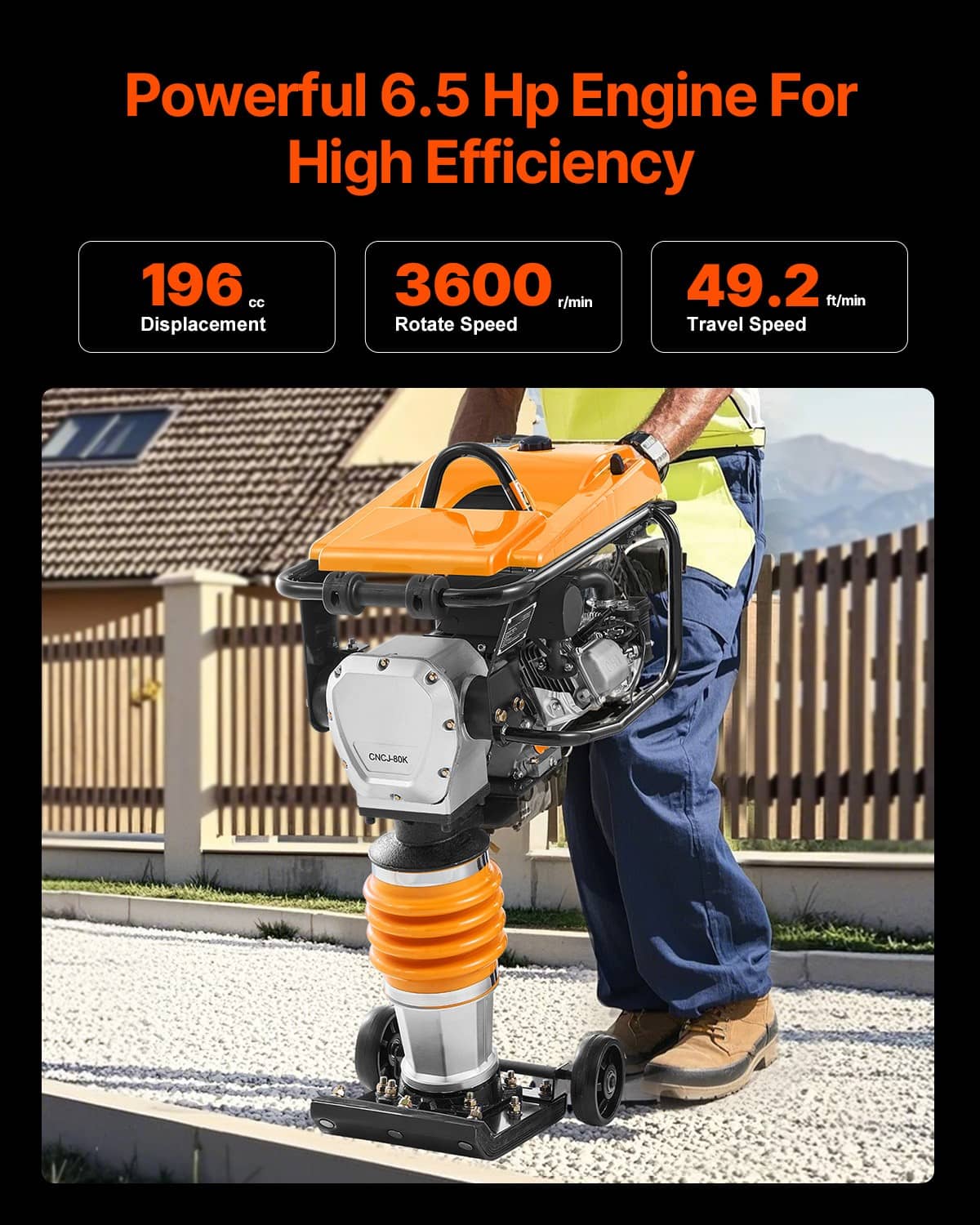 Orange and black vibratory rammer tamper with gasoline engine and spring base