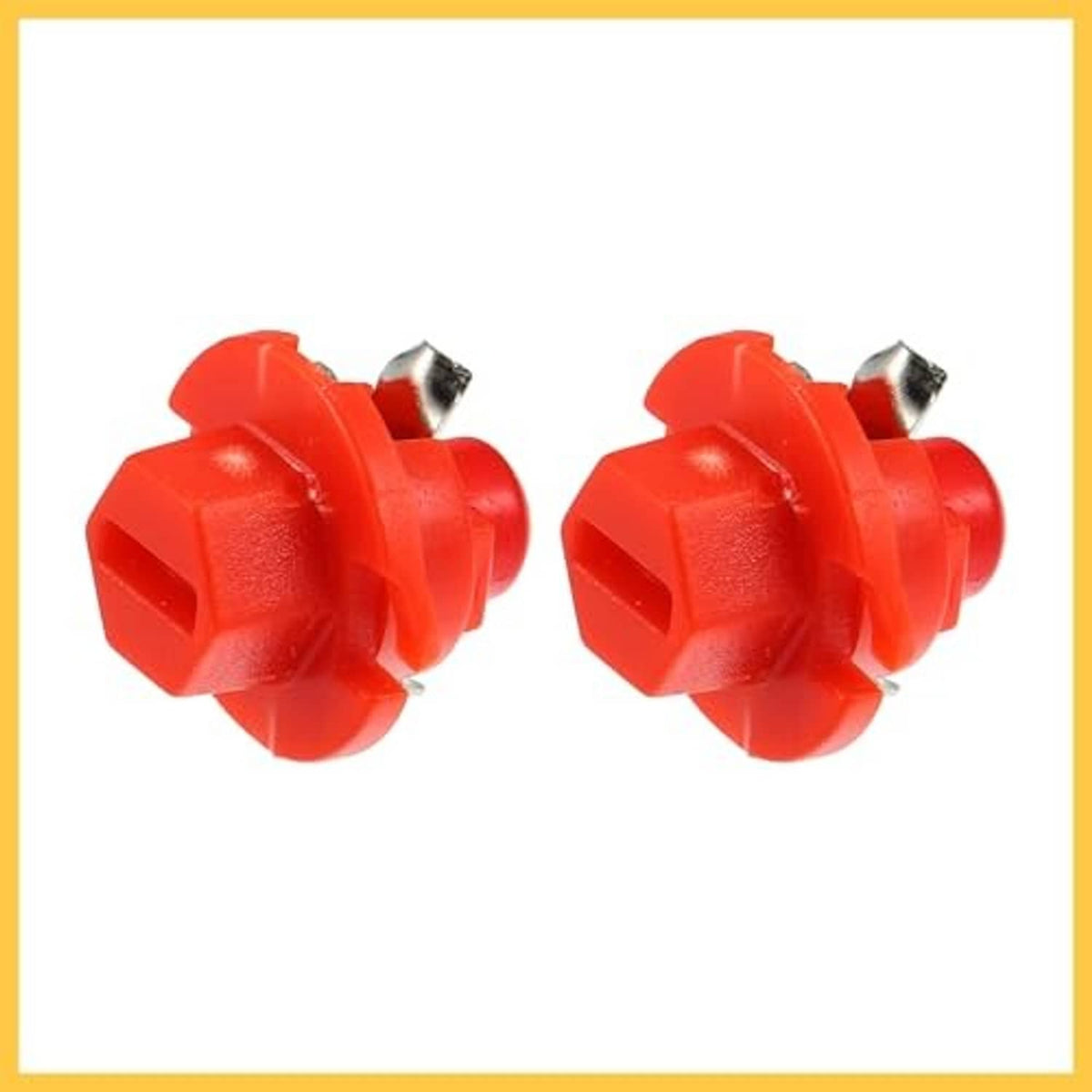 Two red B8.4D LED bulbs close-up with textured red base and silver terminals