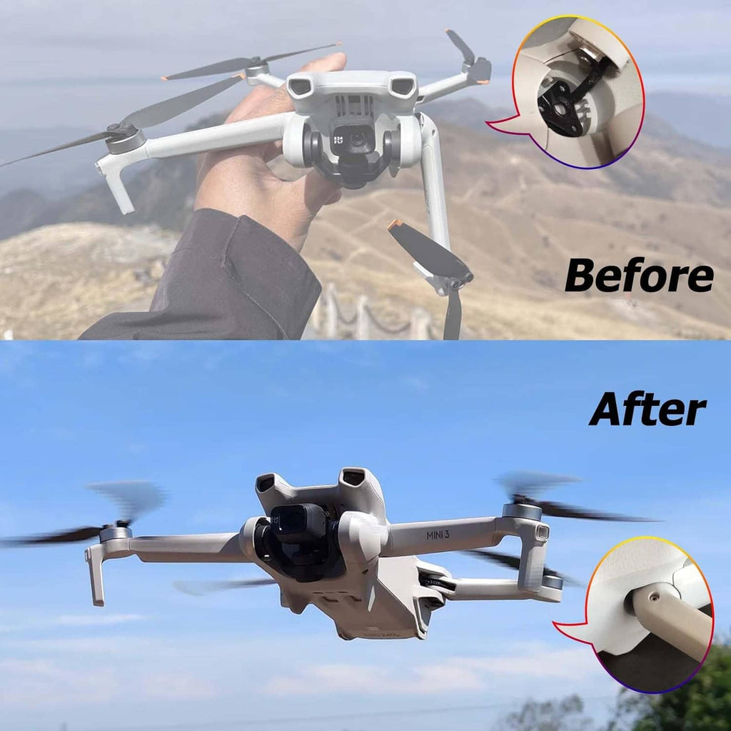Drone front arm hinge comparison, before and after showing hinge area