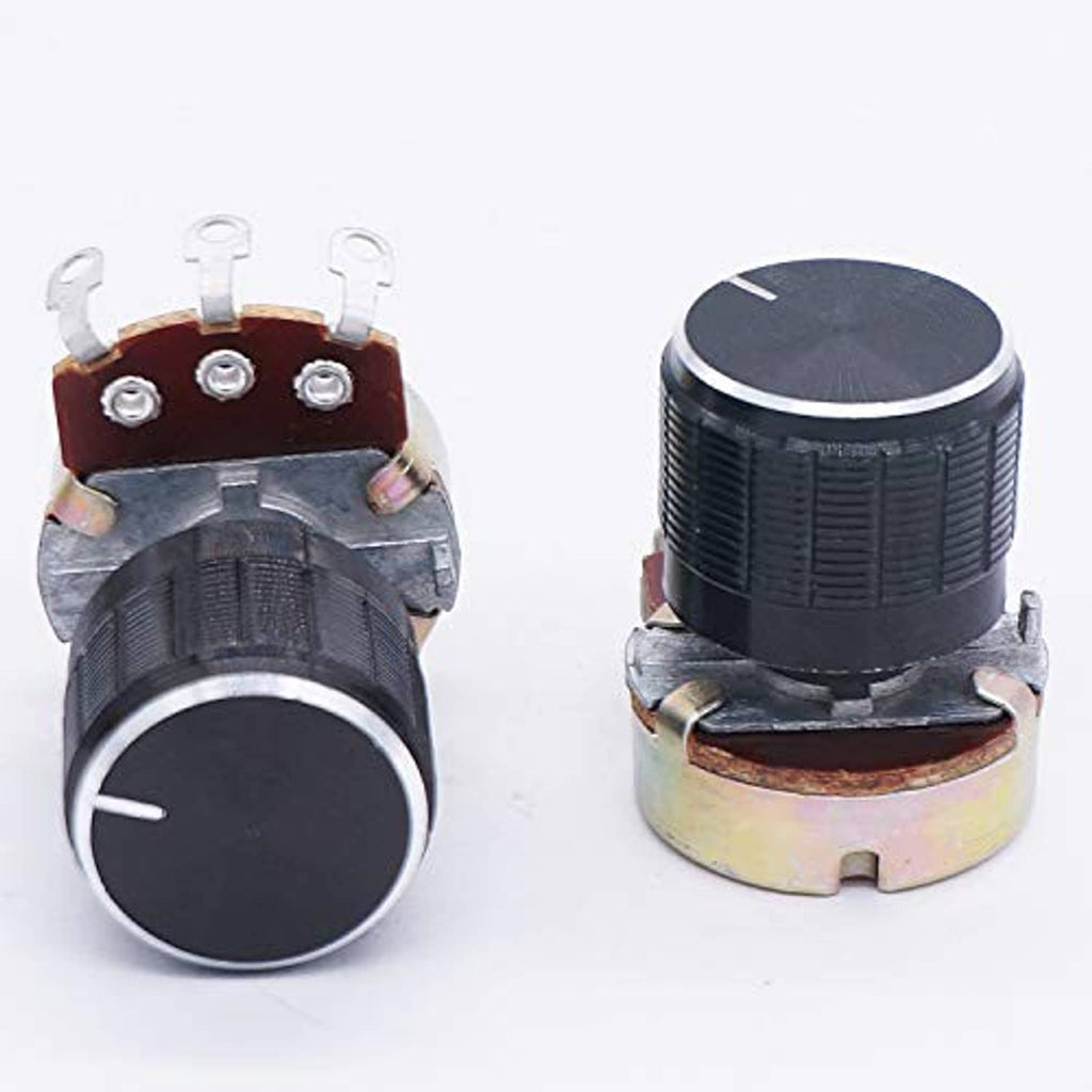 Rotary potentiometer front view: black knobs with metal base and three terminal leads