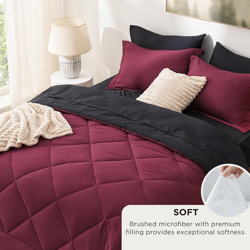 Bedsure queen comforter set with burgundy and black reversible comforter and two solid pillows