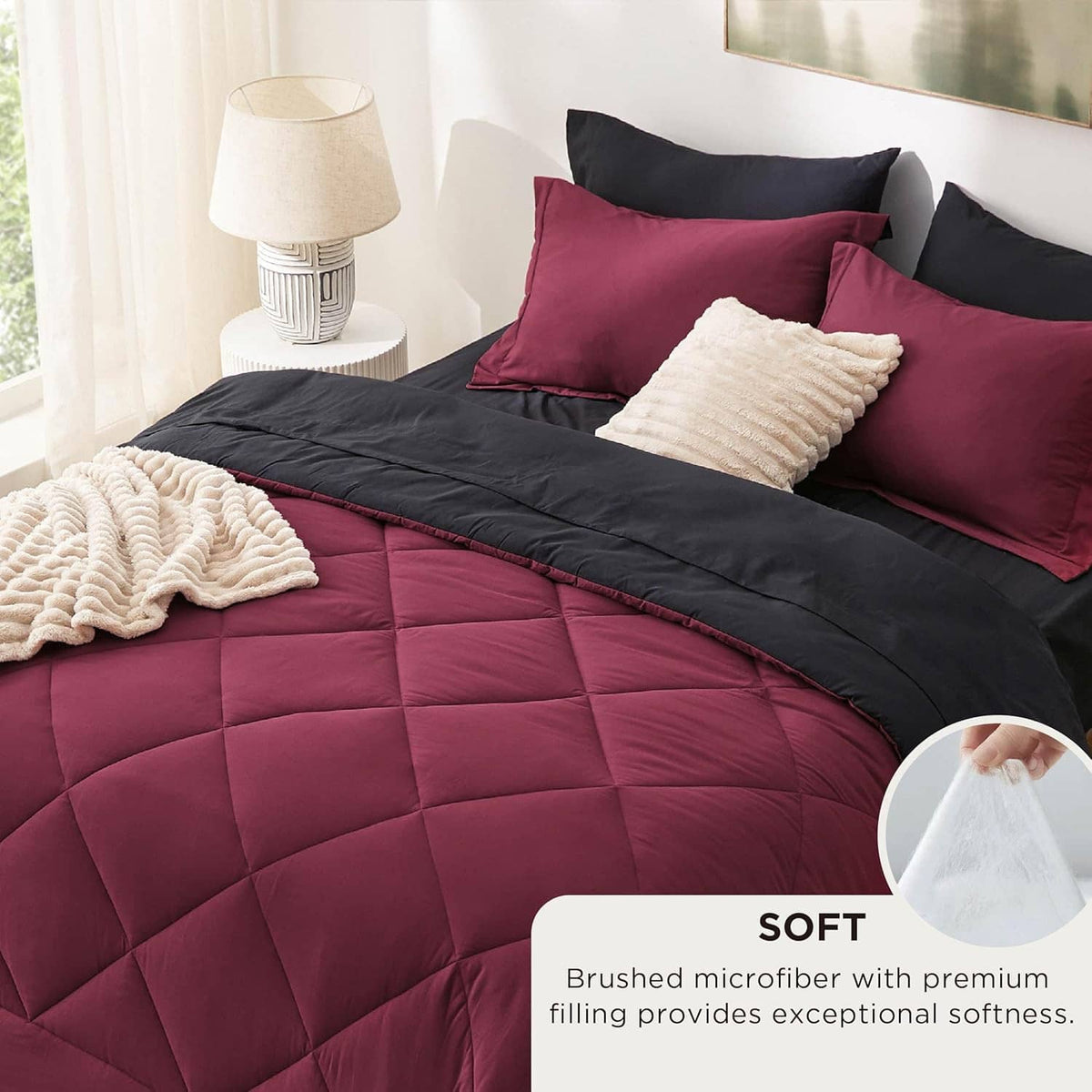 Bedsure queen comforter set with burgundy and black reversible comforter and two solid pillows