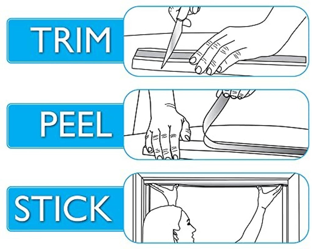 Installation graphic with hands applying trim, peel-and-stick, and mounting on frame