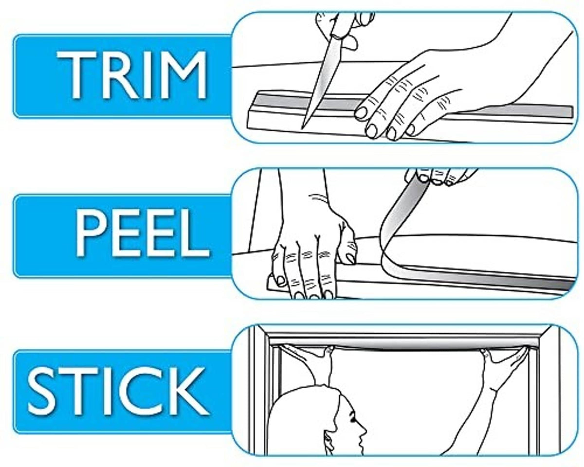 Installation graphic with hands applying trim, peel-and-stick, and mounting on frame