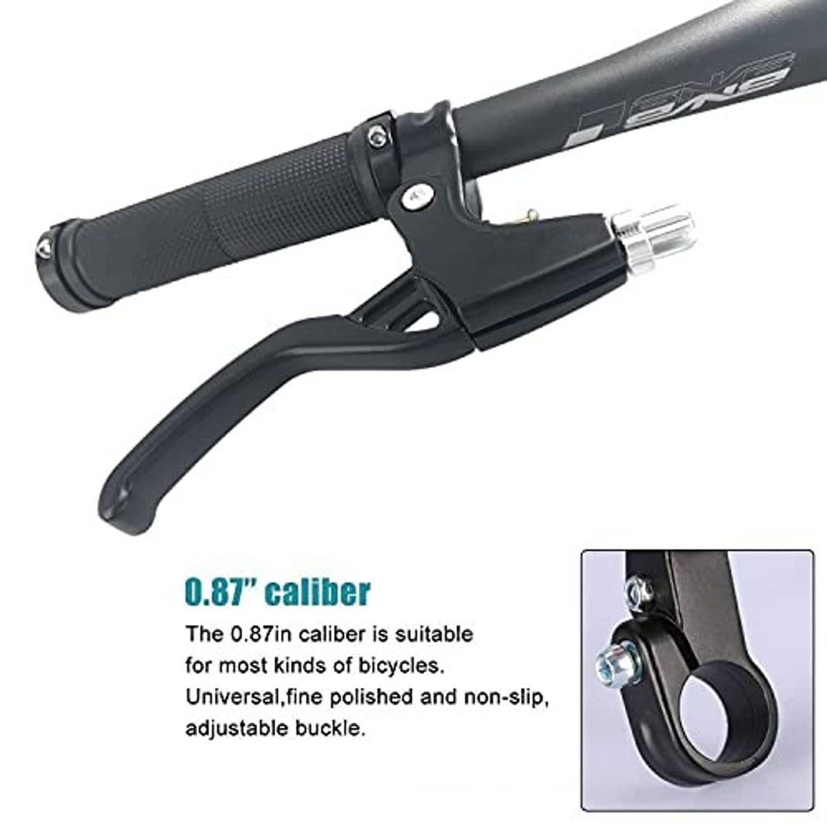 Bicycle brake lever mounted on handlebar with textured grip, black lever body and silver clamp