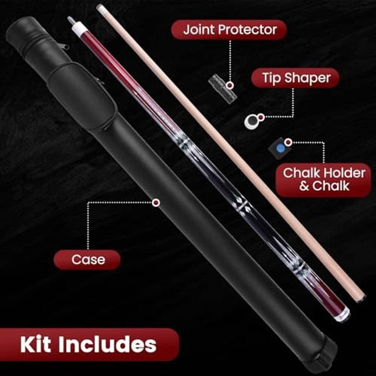 Pool cue kit in black case with joint protector, tip shaper, chalk holder, and chalk pieces