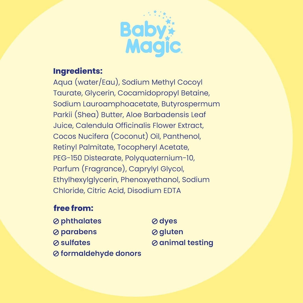 Baby Magic ingredient list and free-from claims graphic.
