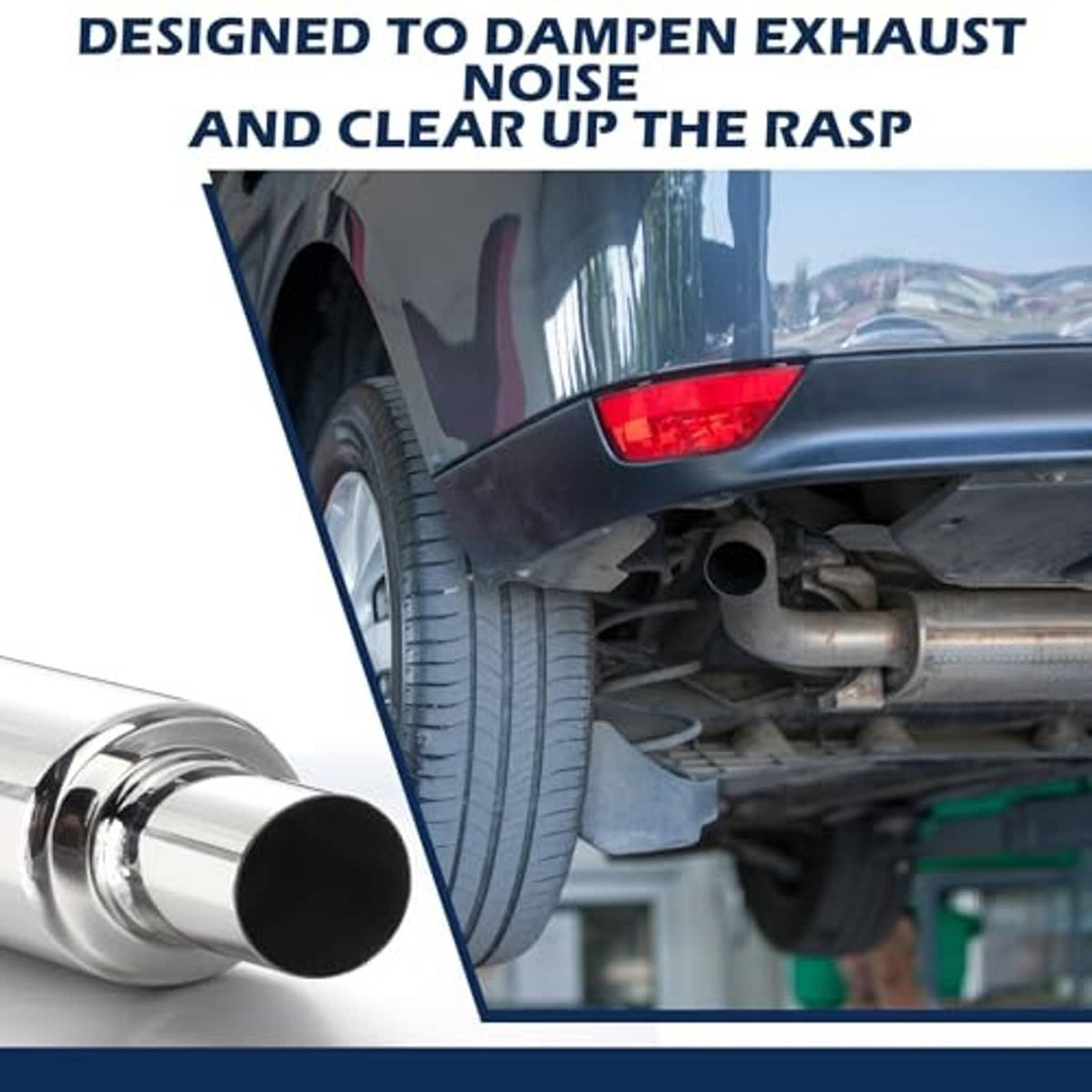 Silver exhaust resonator outlet with black tip mounted on the rear of a vehicle