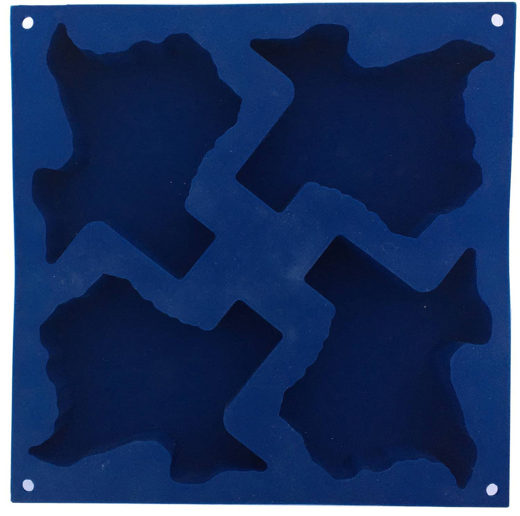 Square medium silicone baking mold with Texas-shaped cutout cavities, blue
