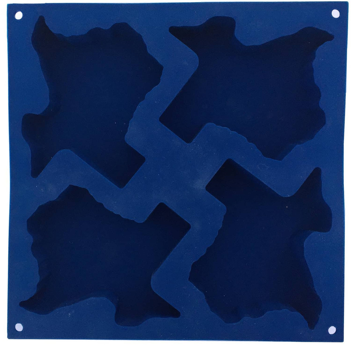 Square medium silicone baking mold with Texas-shaped cutout cavities, blue