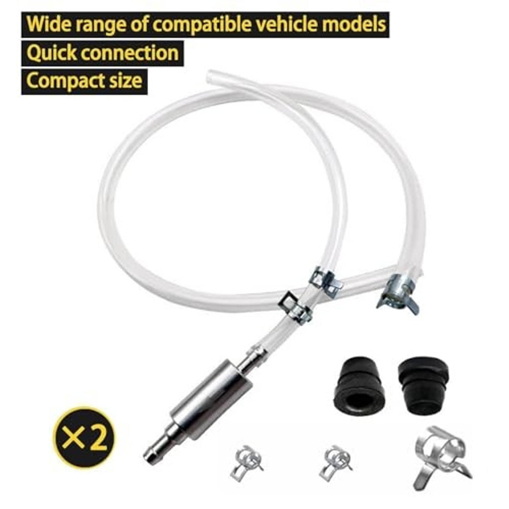 Brake bleeder hose kit with long clear hose, one-way valve, and black rubber caps