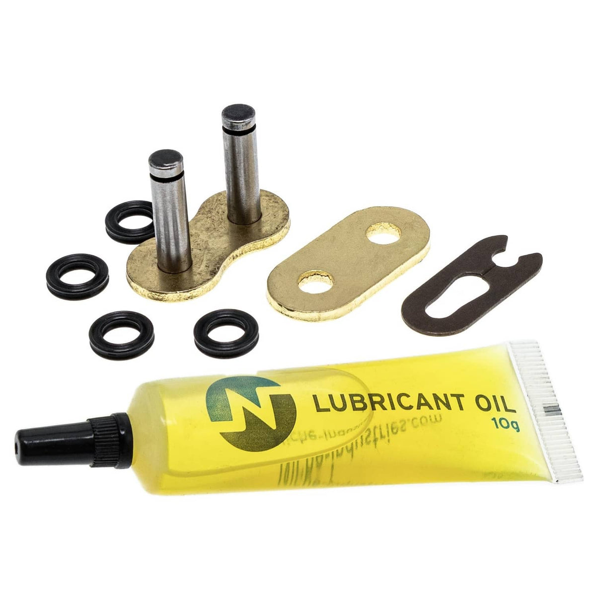 Gold X-ring drive chain assembly kit with pins, seals, and lubricant tube