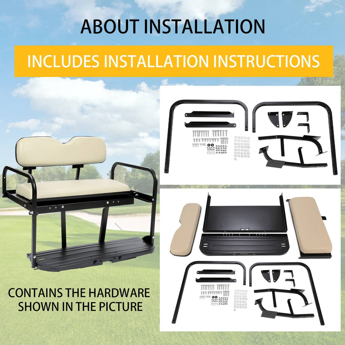 Tan flip-fold rear seat kit with included hardware pieces and instruction parts