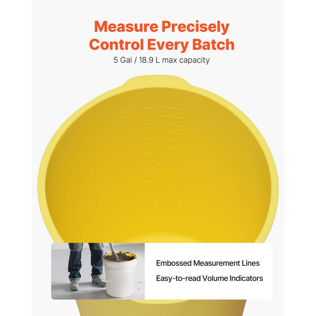 Yellow silicone bucket liner with embossed measurement lines on the rim