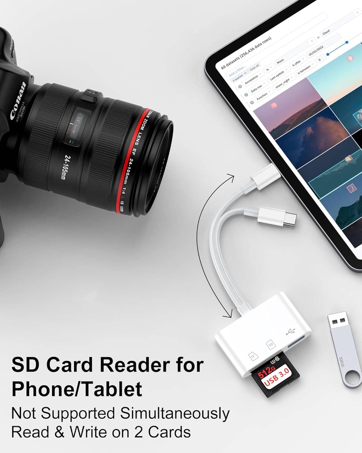 White SD card reader with SD card inserted and USB cable connected to tablet.