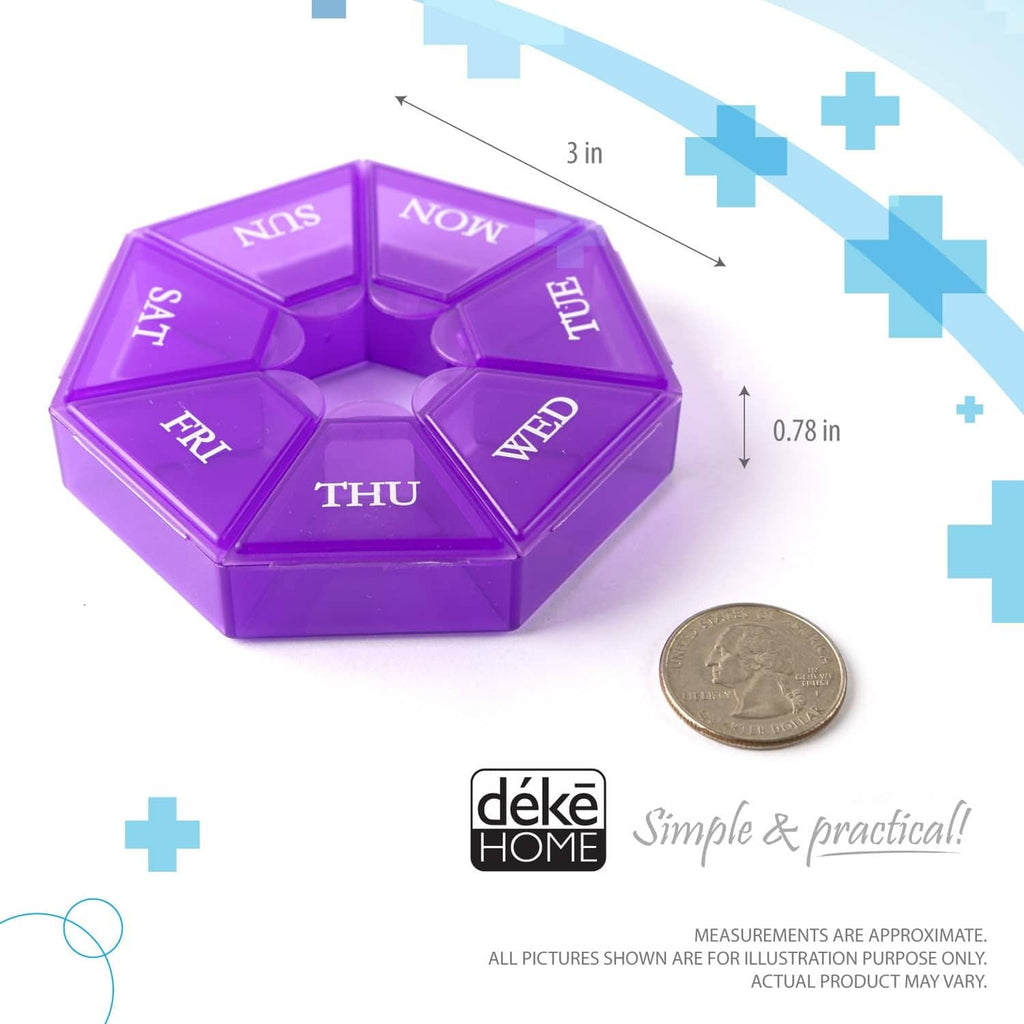 Purple round pill organizer with 7 day compartments and clear hinged lids