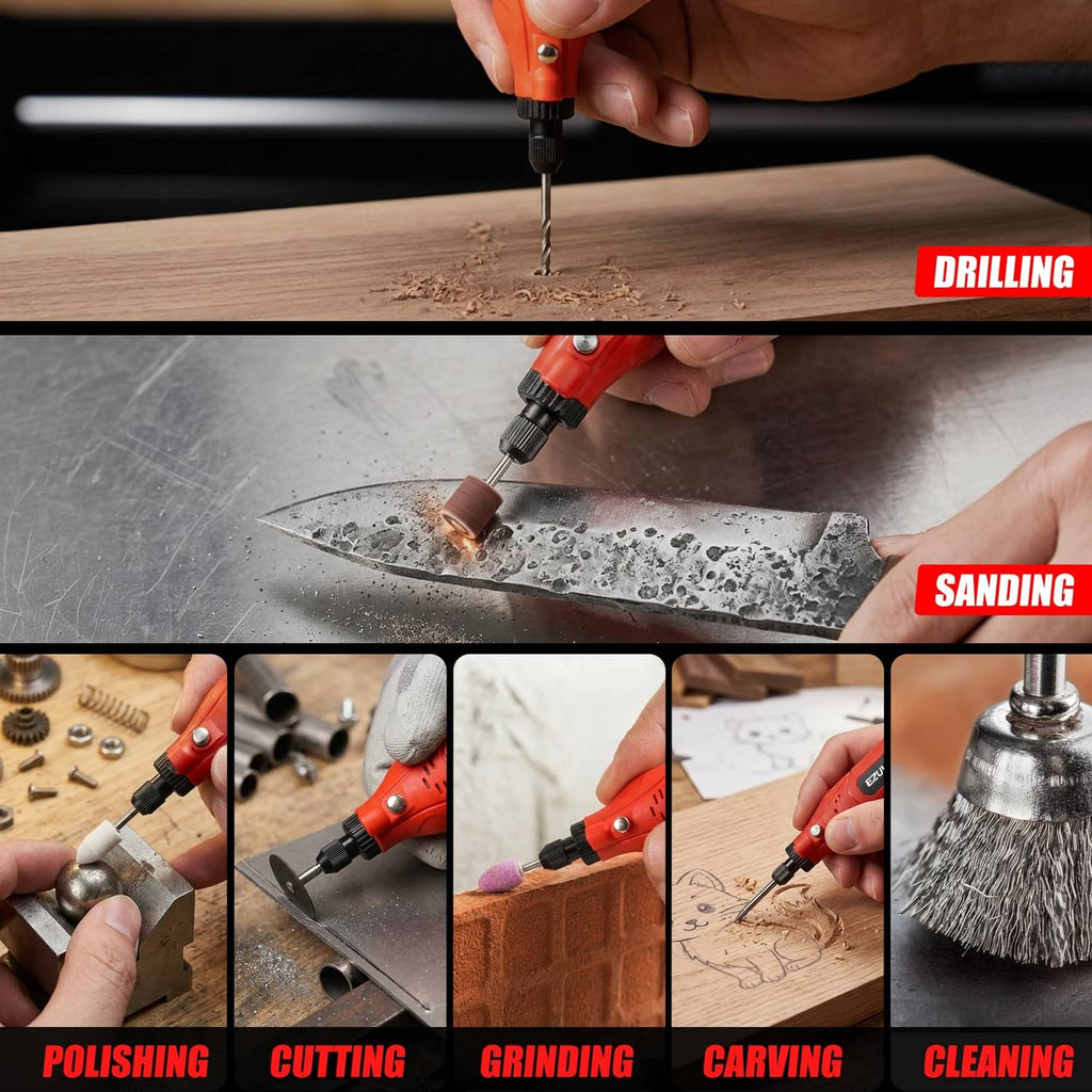 Red rotary tool drilling and polishing on wood and metal surfaces with accessory bits