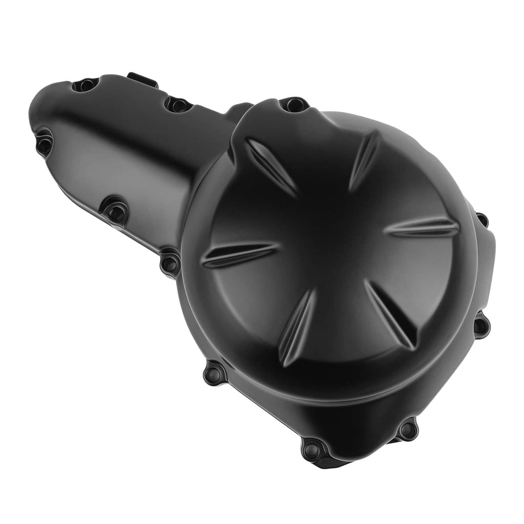 Black engine crankcase cover with circular cap and mounting bolts, angled