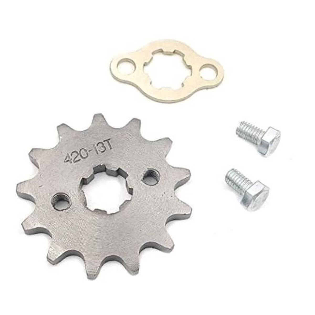Front engine sprocket set: 420 13T steel gear, mounting plate, two hex bolts