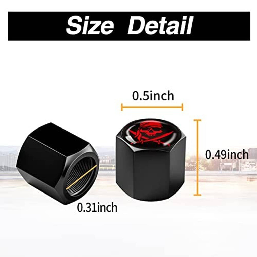 Black hex tire valve stem cap with red skull top, showing size detail