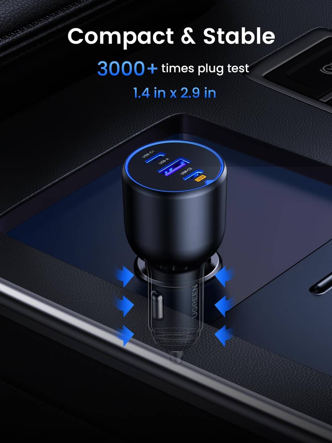 Compact car USB-C charger head with blue LED ring and dual output ports
