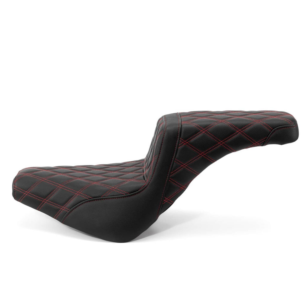 Motorcycle driver and passenger seat with diamond quilt and red stitching, black