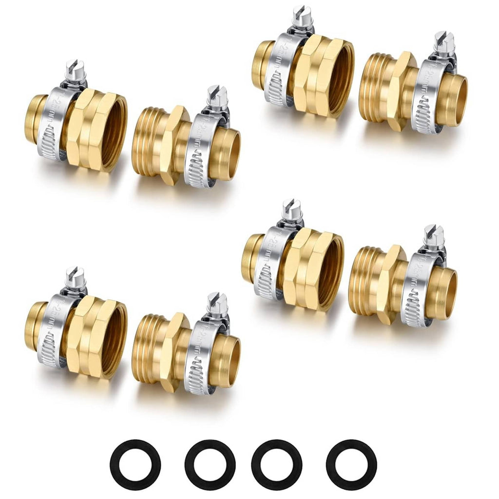 Brass 3/4" barbed hose repair connectors with metal clamps, 4-pack