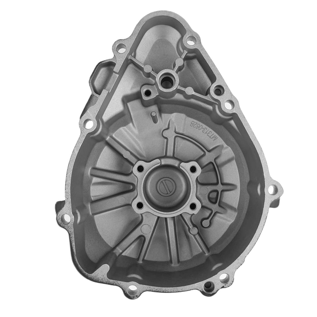 Silver left engine crankcase cover with gasket, cast housing with bolt holes