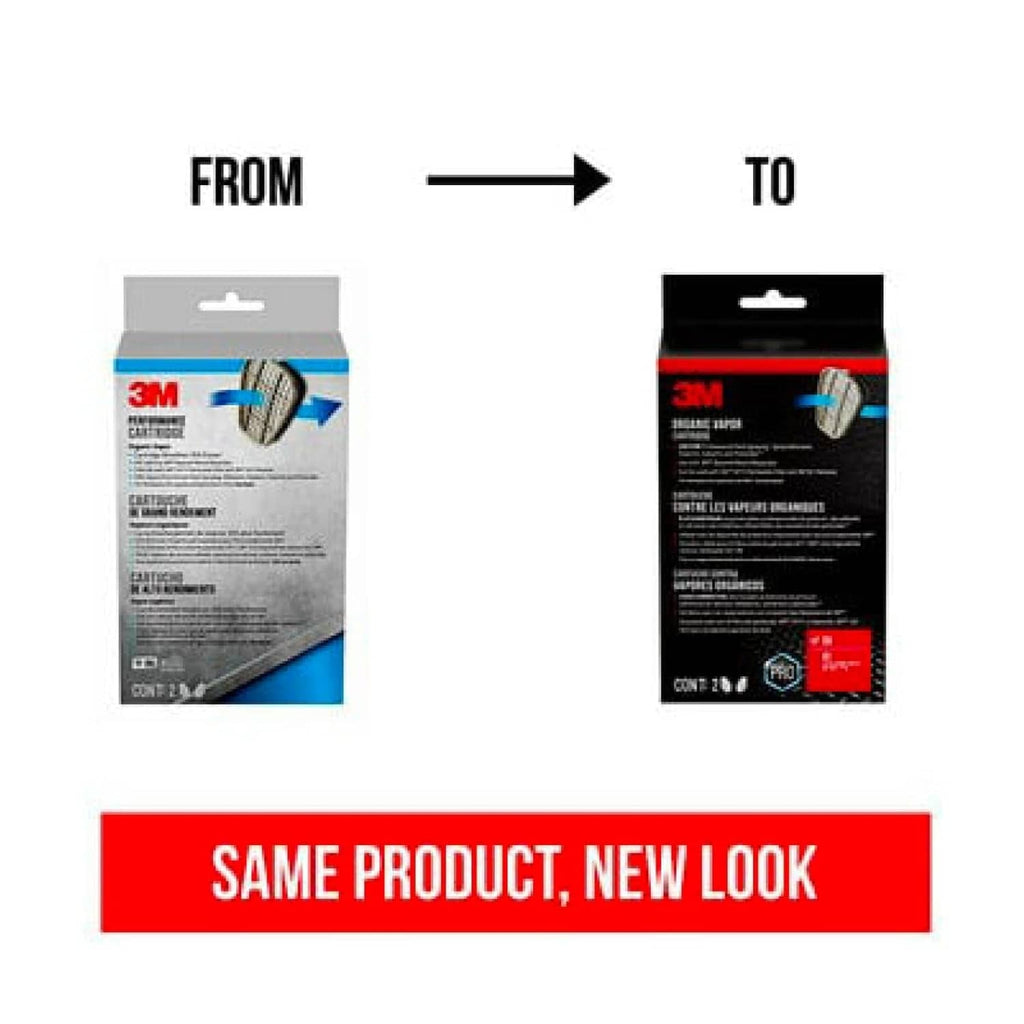 Organic vapor replacement cartridges in packaging, old and new versions side by side