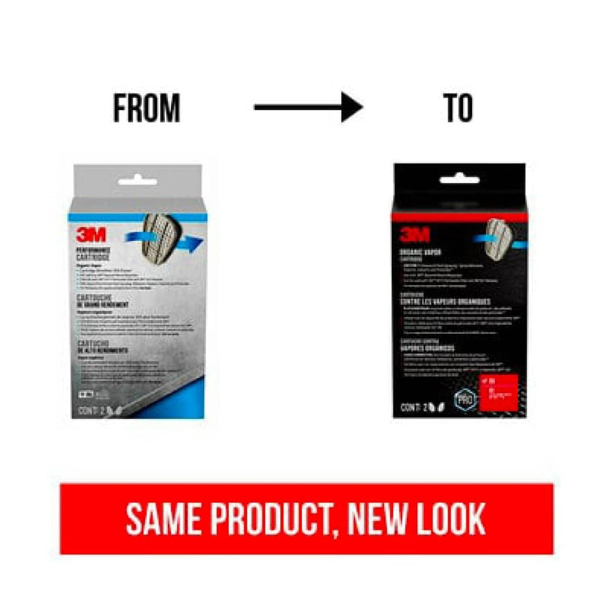 Organic vapor replacement cartridges in packaging, old and new versions side by side