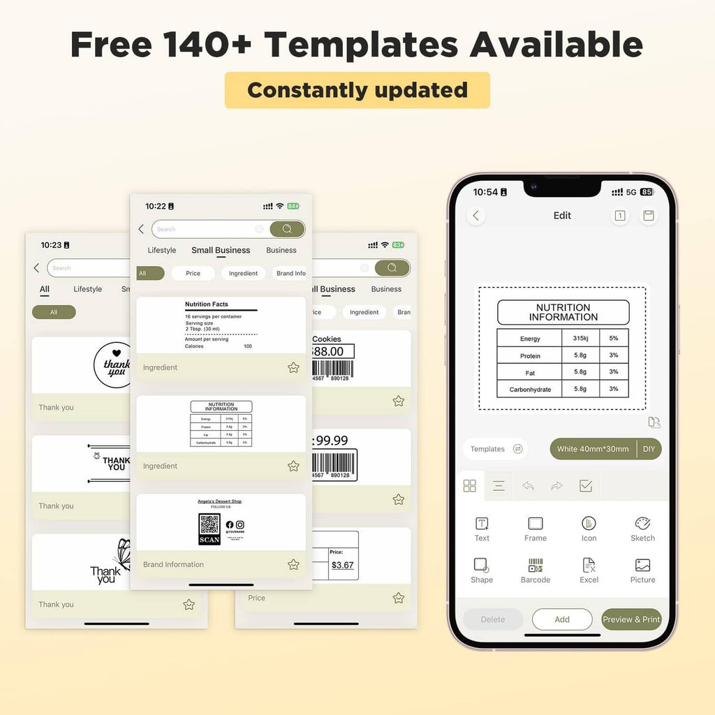 Label maker app showing multiple label template previews on phone screens