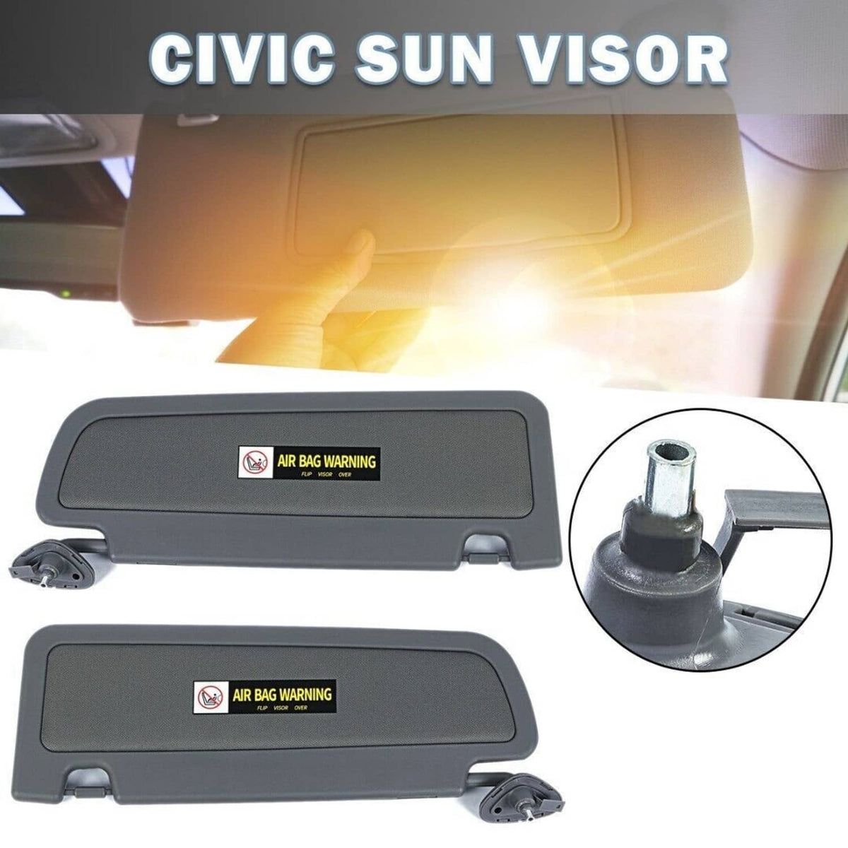 Dark gray Honda Civic sun visor pair with airbag warning labels and side mounting posts