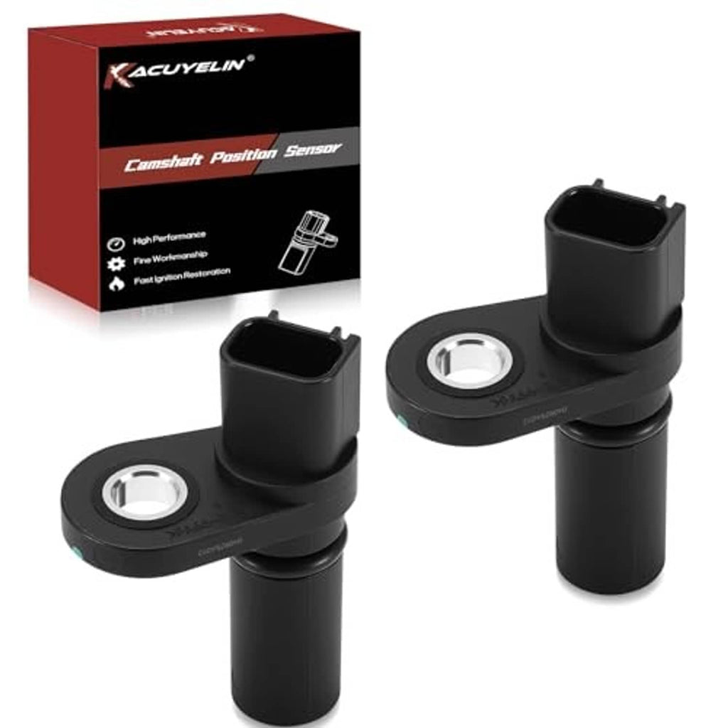 Two black camshaft position sensors with mounting plate and electrical connector plugs