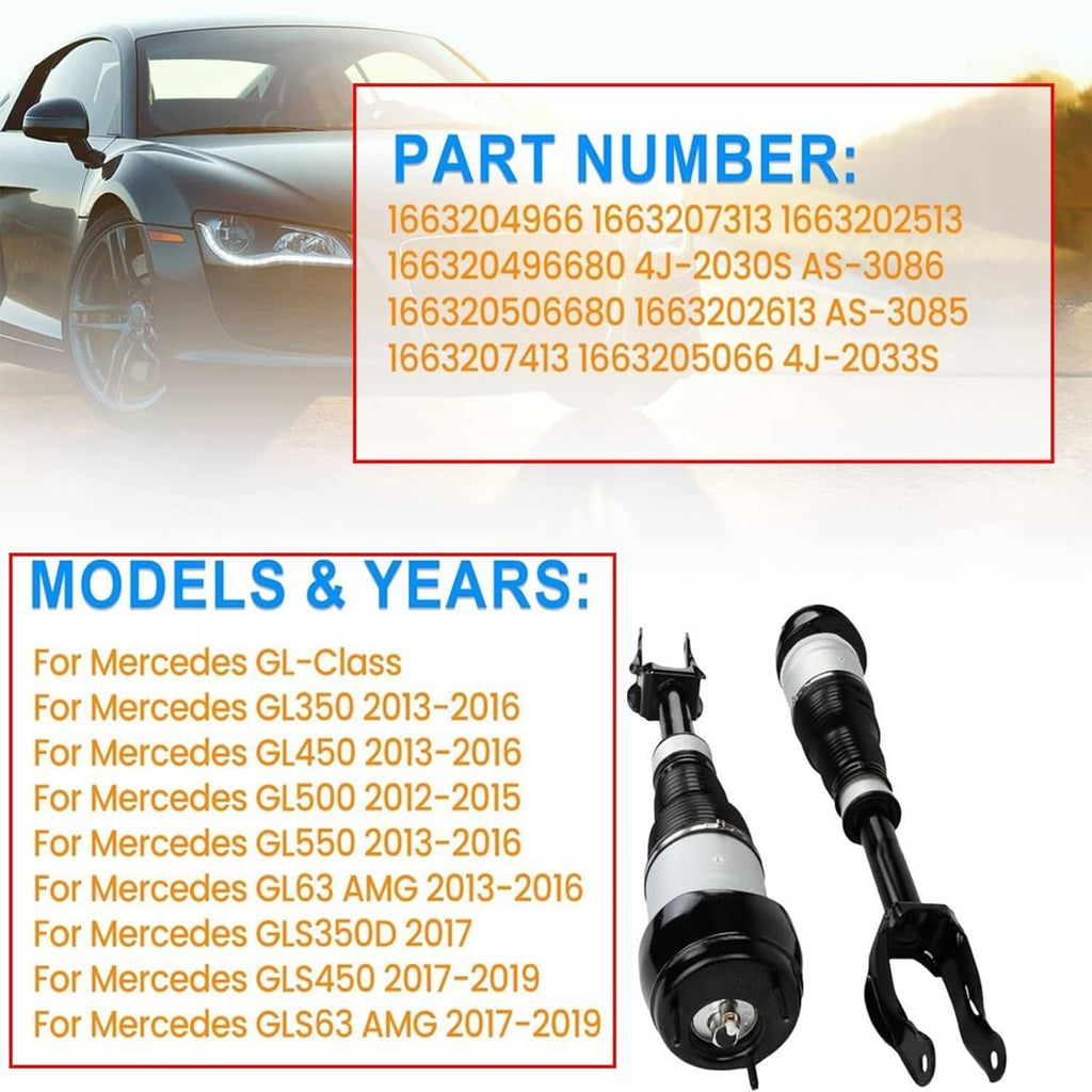 Front air suspension shock struts set with black fork mounts and silver spring housings