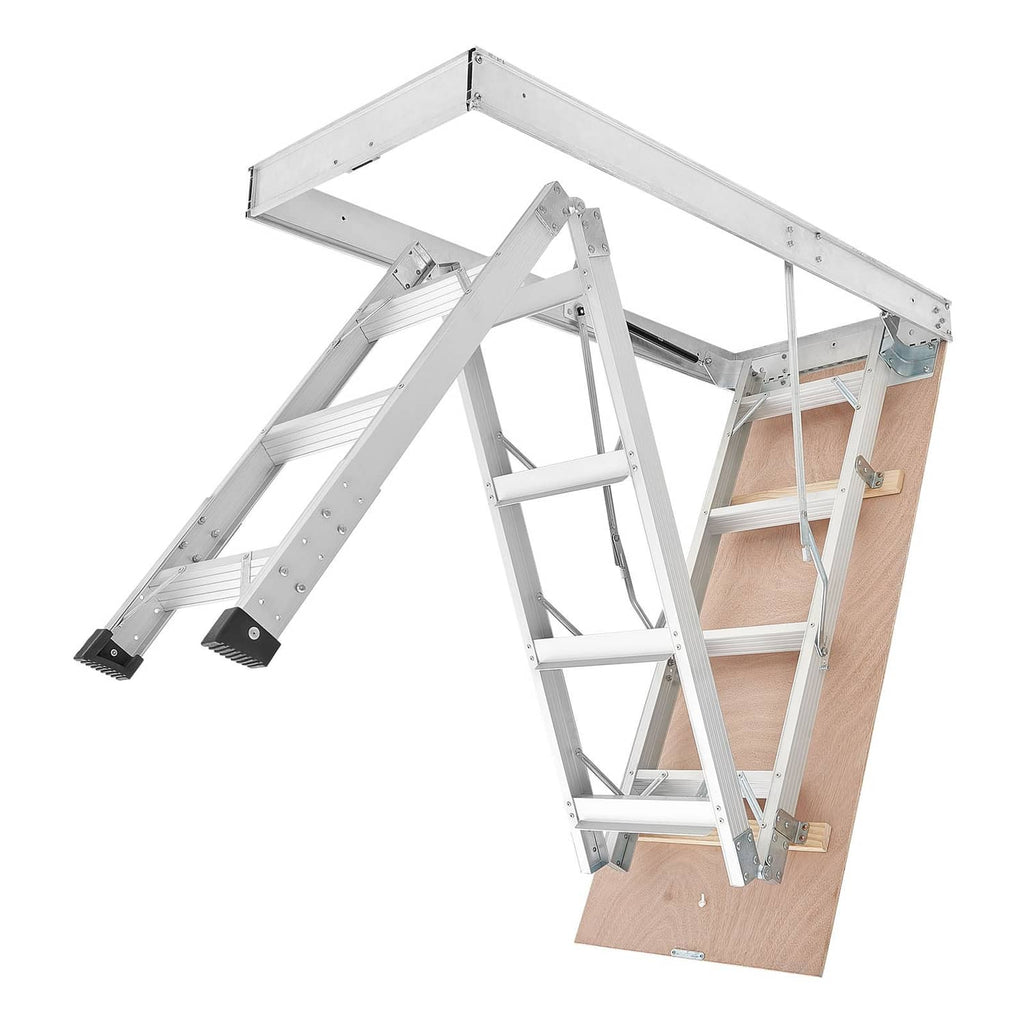 Aluminum folding attic ladder extended with steps and ceiling opening frame