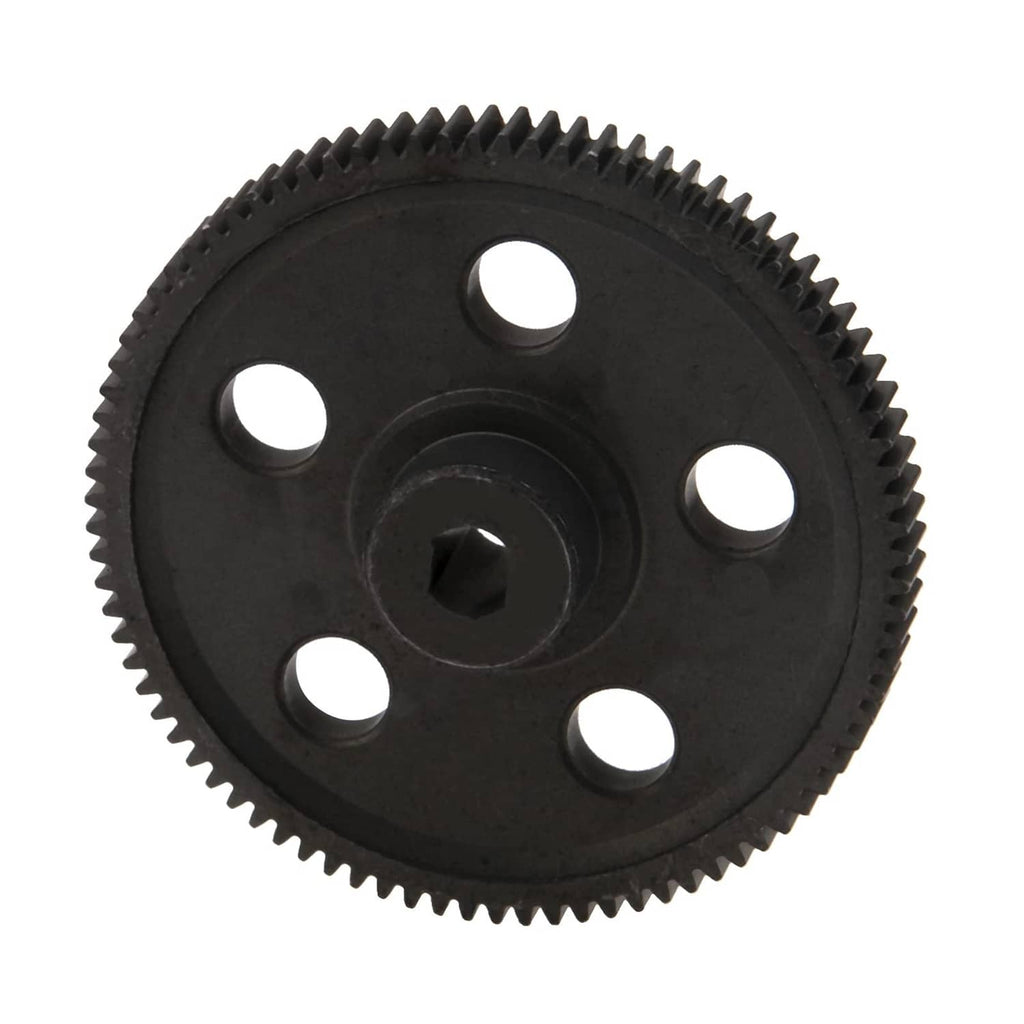 87T steel spur gear with 5 bolt holes and central hex bore, black