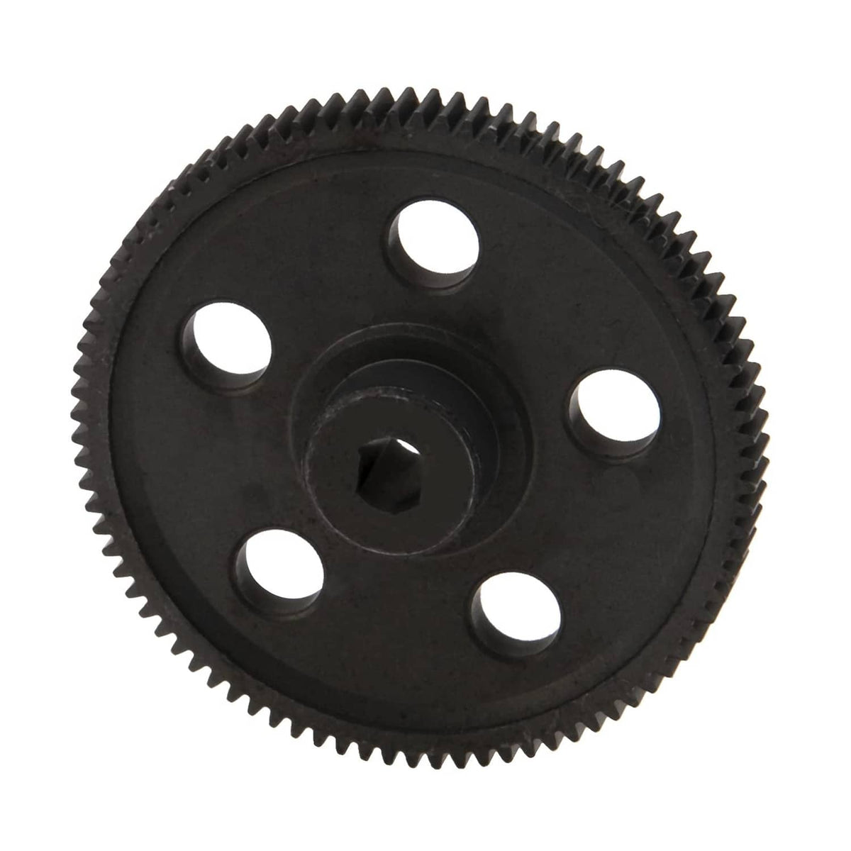 87T steel spur gear with 5 bolt holes and central hex bore, black