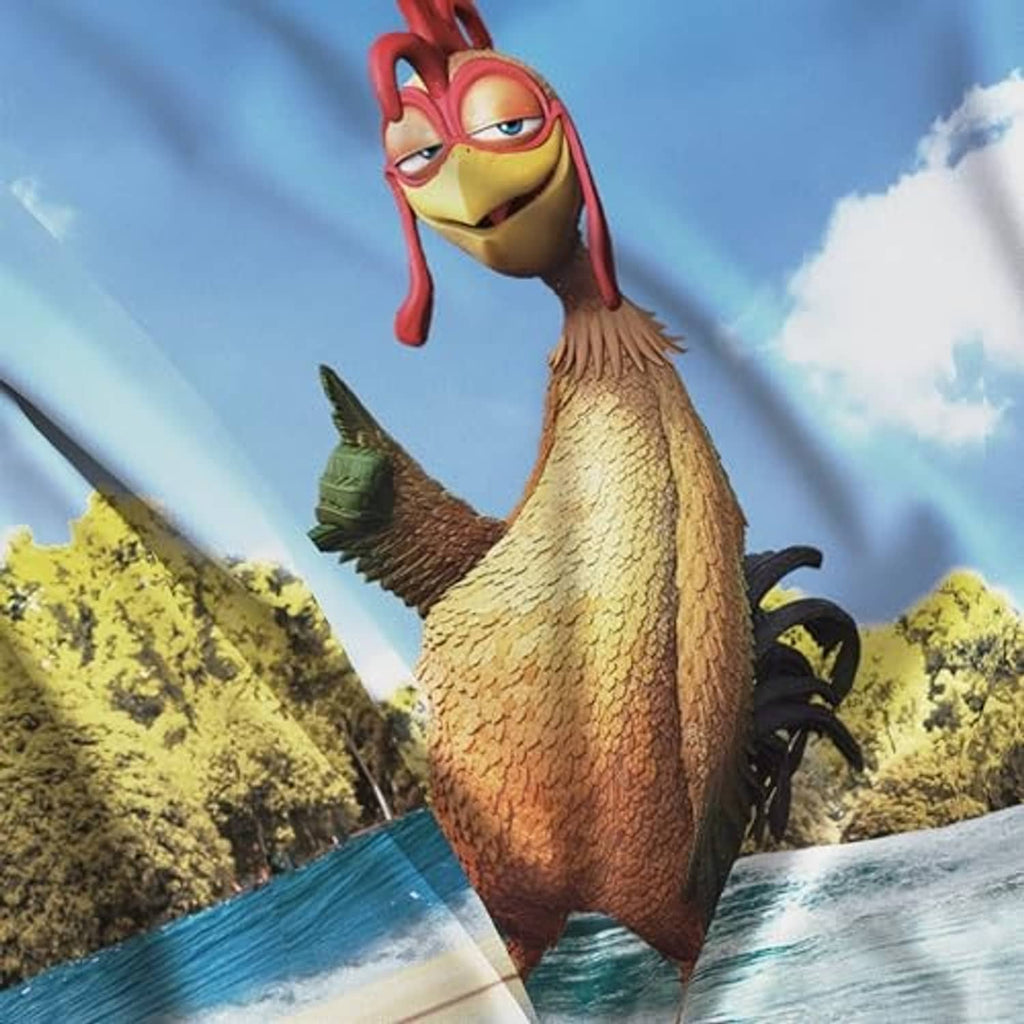 Close-up of printed cartoon chicken on the banner, with red face and yellow feather texture
