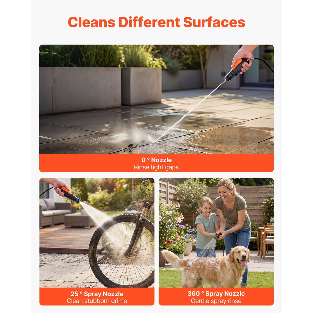 Portable cordless pressure washer unit with spray nozzle, orange and gray striped body