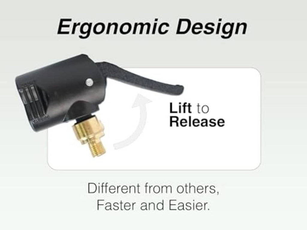 Black valve adapter with brass connector and curved lever for quick release