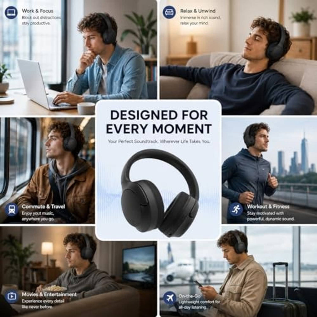 Over-ear headphones being worn, dark ear cups and padded headband visible