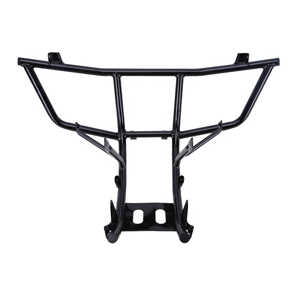 Black front bumper guard frame with central plate and curved upper protection bar.