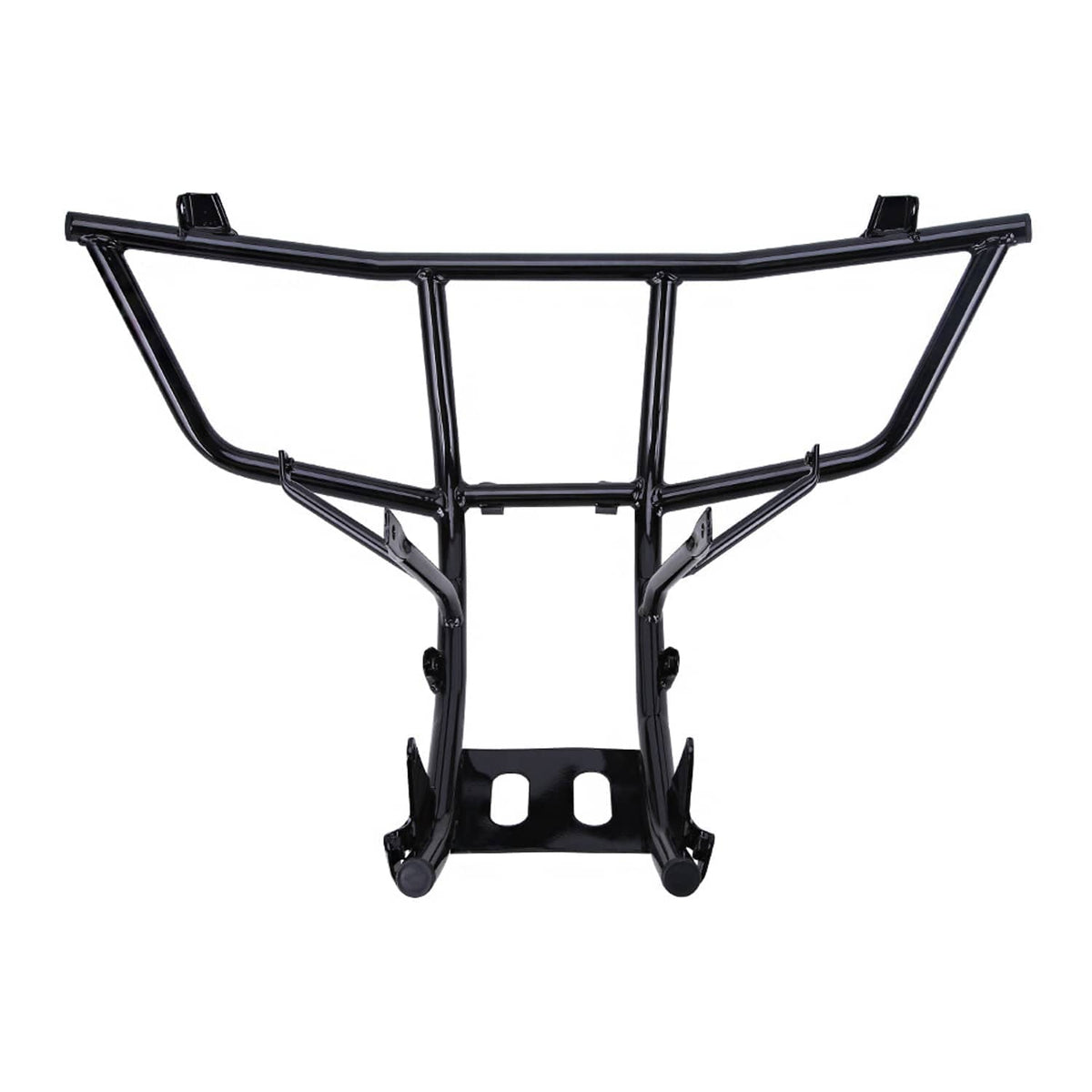Black front bumper guard frame with central plate and curved upper protection bar.