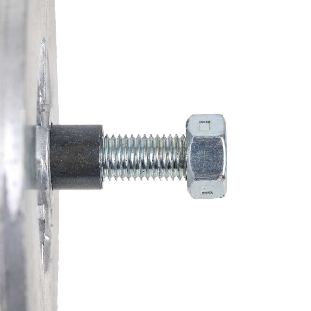 Threaded bolt and nut with black rubber grip on cable puller rod