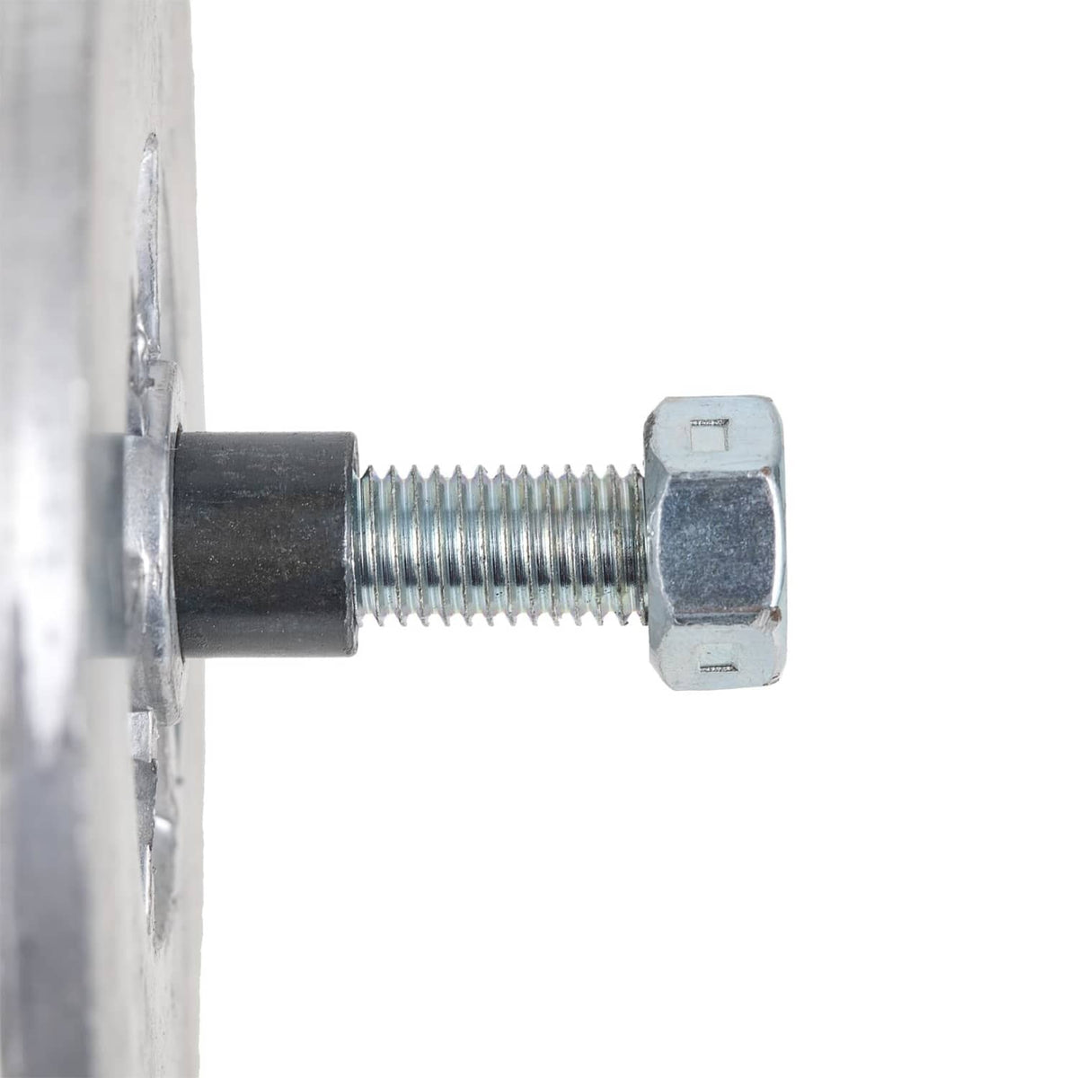 Threaded bolt and nut with black rubber grip on cable puller rod
