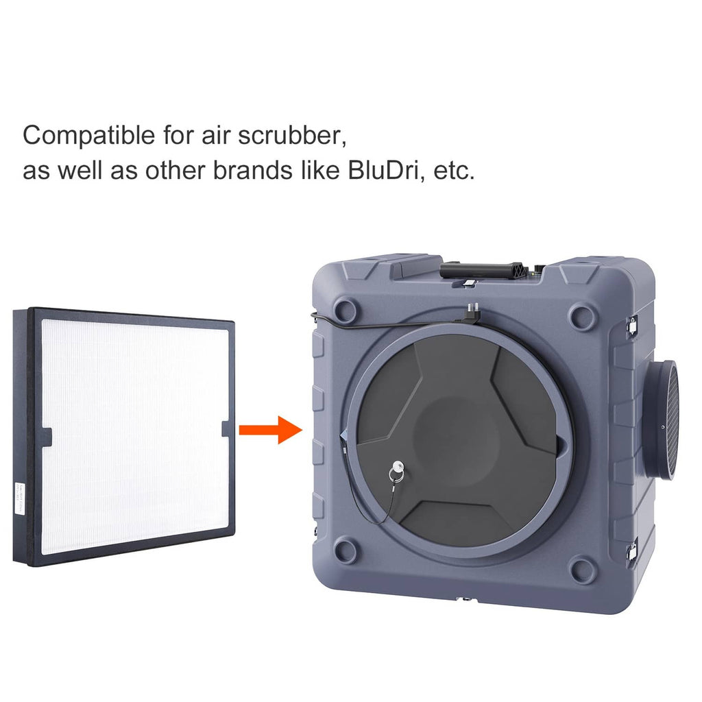 Replacement HEPA filter panel with dark frame shown with air scrubber unit