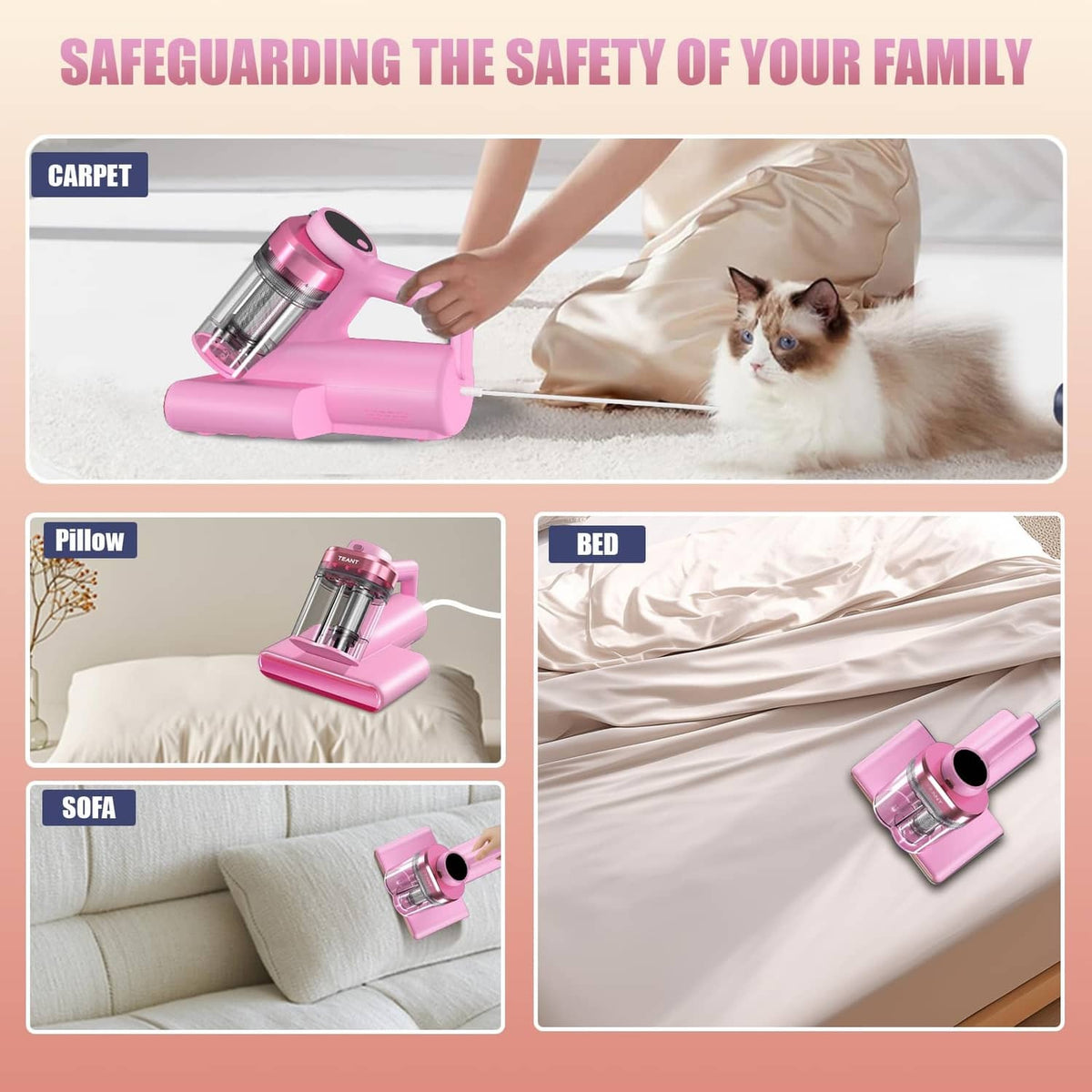 Pink mattress vacuum cleaner cleaning a pet area on carpet, pillow, and bed surfaces