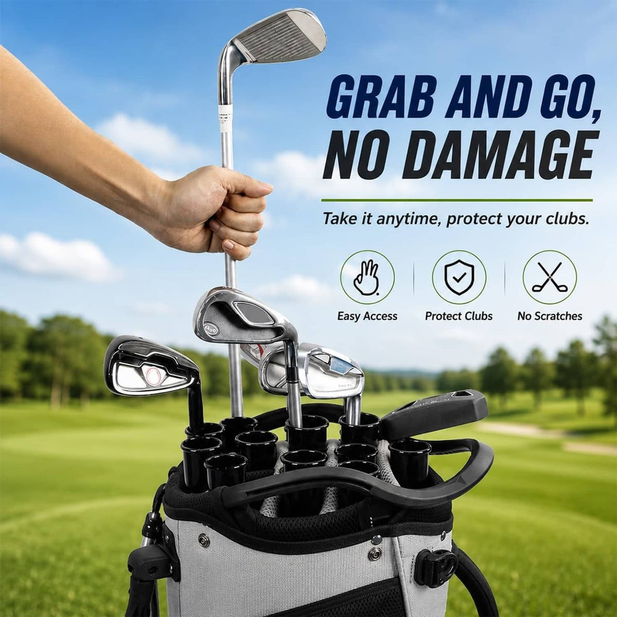 Golf bag with black club tube organizer, holds multiple clubs in place