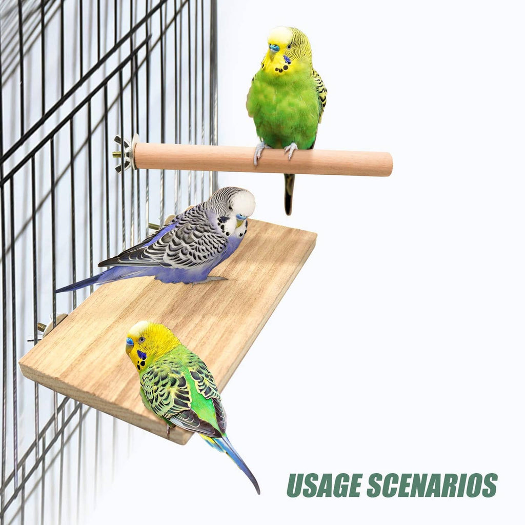 Natural wood perch platform with birds perched on the dowel and board